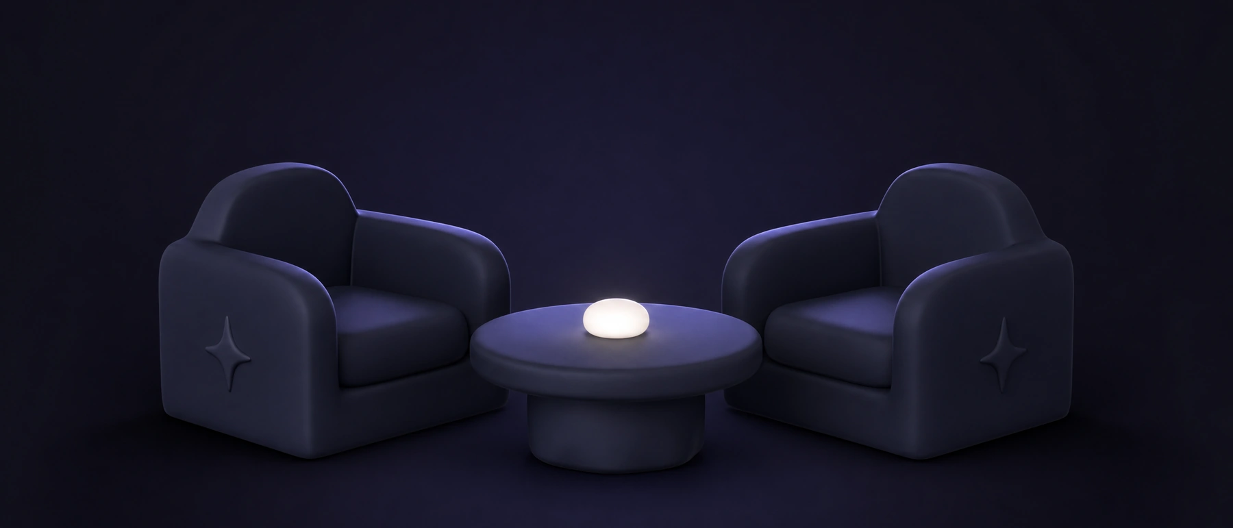 Twee donkerblauwe fauteuils tegenover elkaar aan een rond tafeltje, met in het midden een zacht wit lichtje.