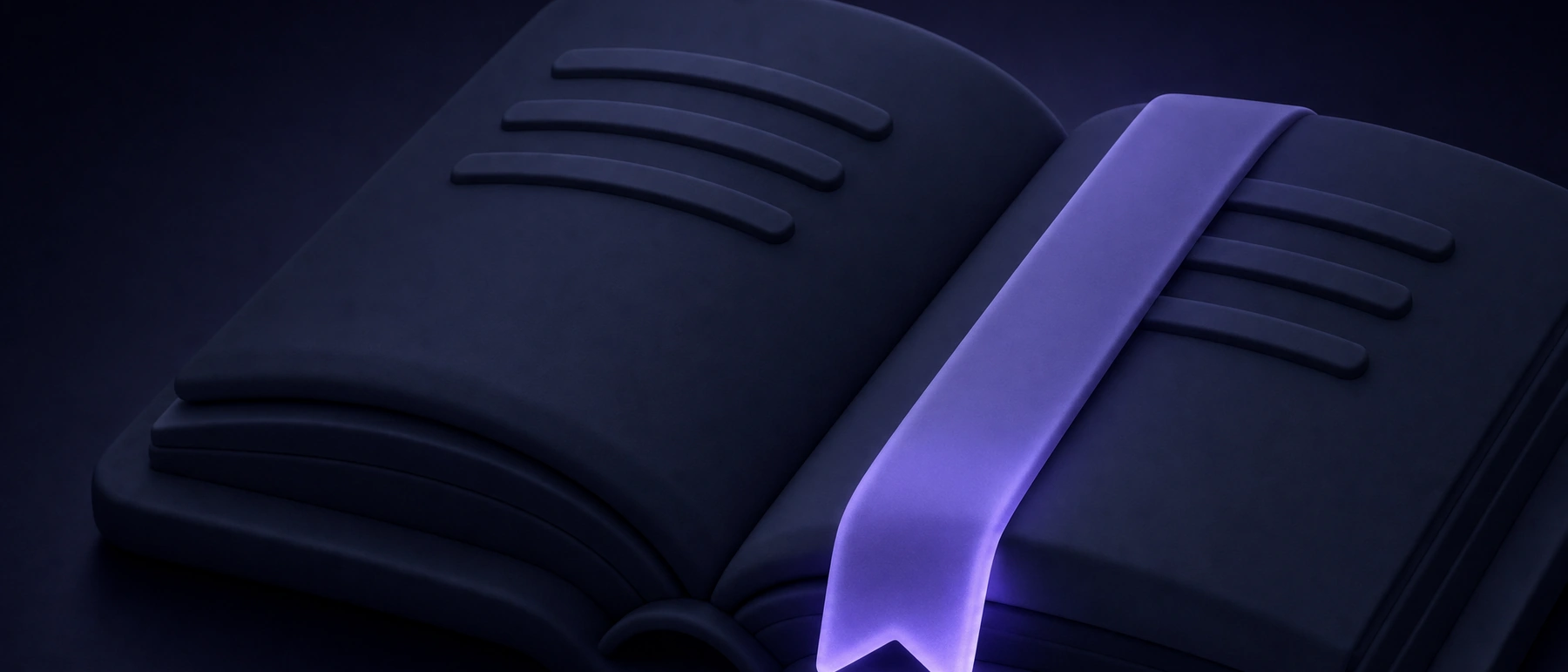 Livre ouvert bleu marine avec un signet en ruban qui brille en violet