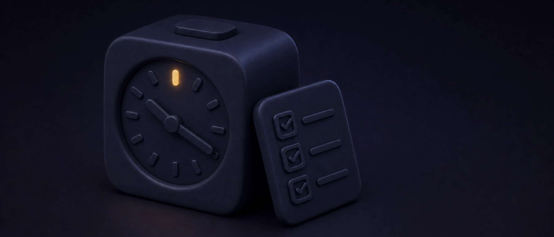 Matte navy alarm clock with a short checklist tile, the clock face glowing soft amber