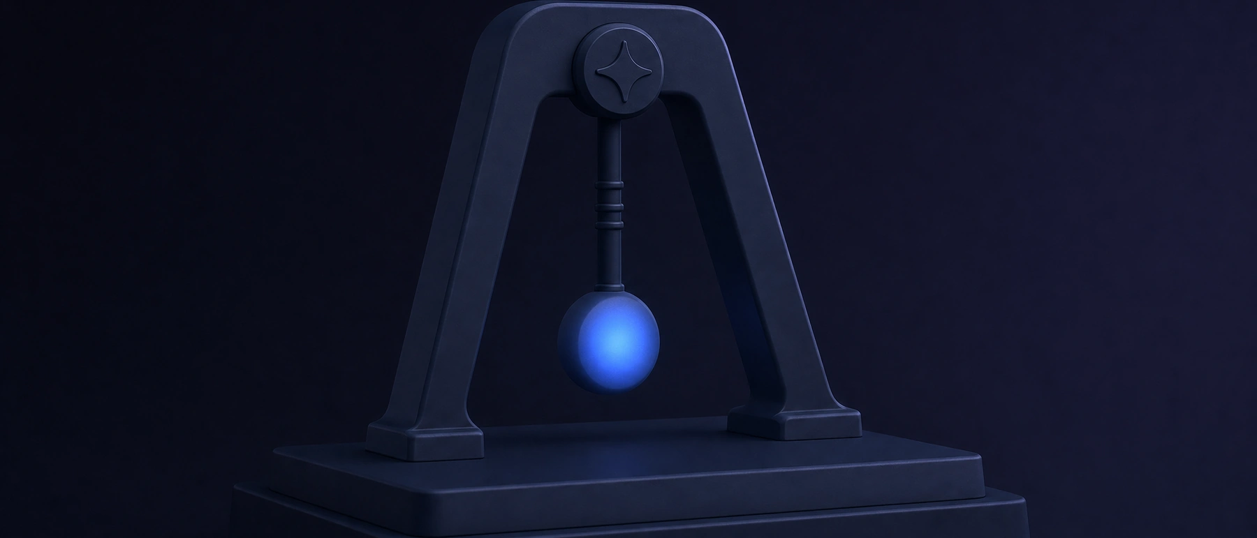 Pendolo blu notte su un telaio sopra un piedistallo, la sfera brilla di blu