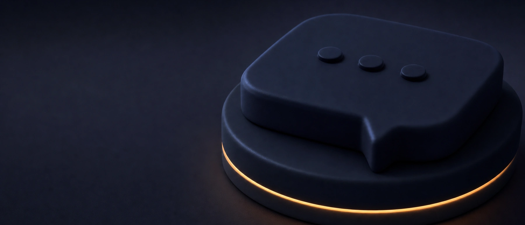 Matte navy review speech bubble resting on a coin, with a soft amber glow
