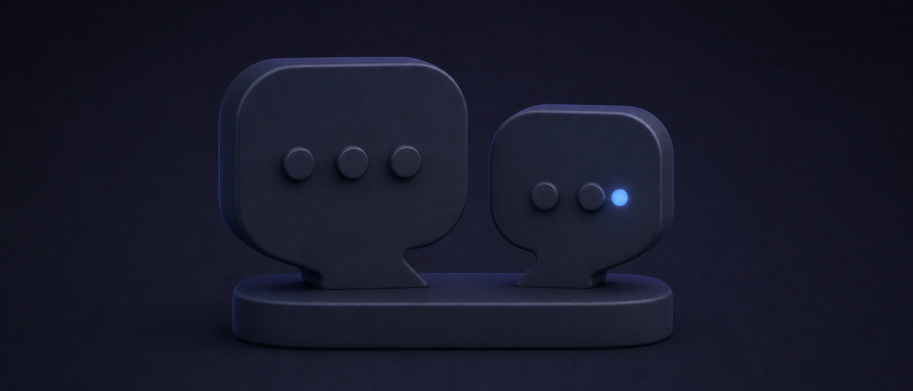Two matte navy speech bubbles facing each other on a shared base, one dot glowing soft blue