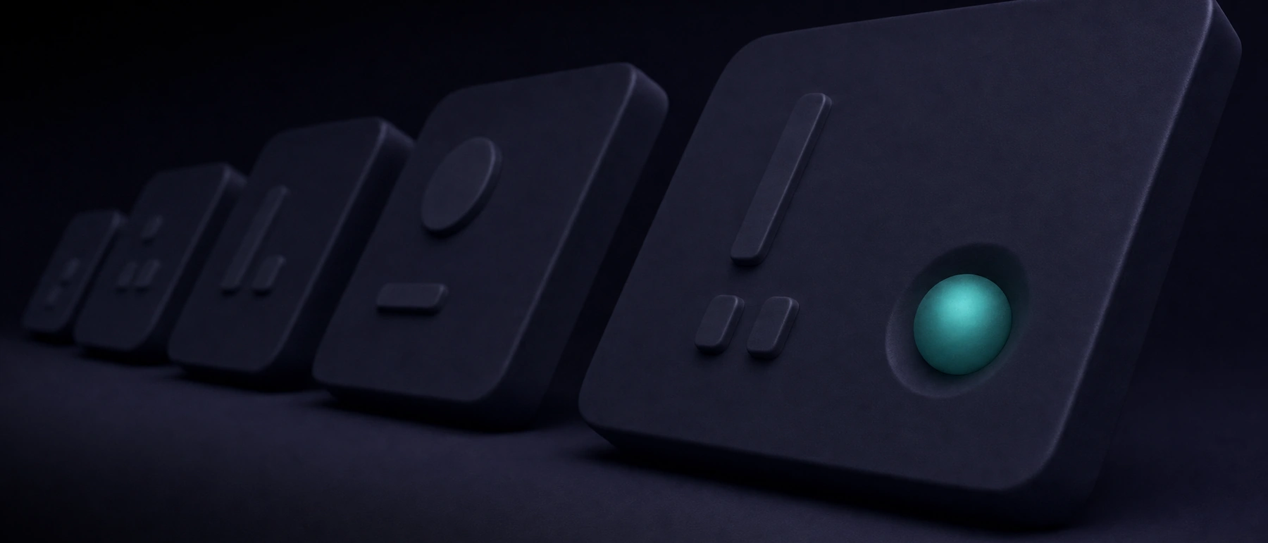 A row of matte navy flashcard tiles receding into the dark, the nearest with a softly glowing teal sphere