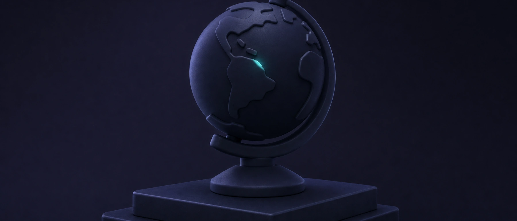 Globe bleu marine sur un socle, une petite région brille en turquoise