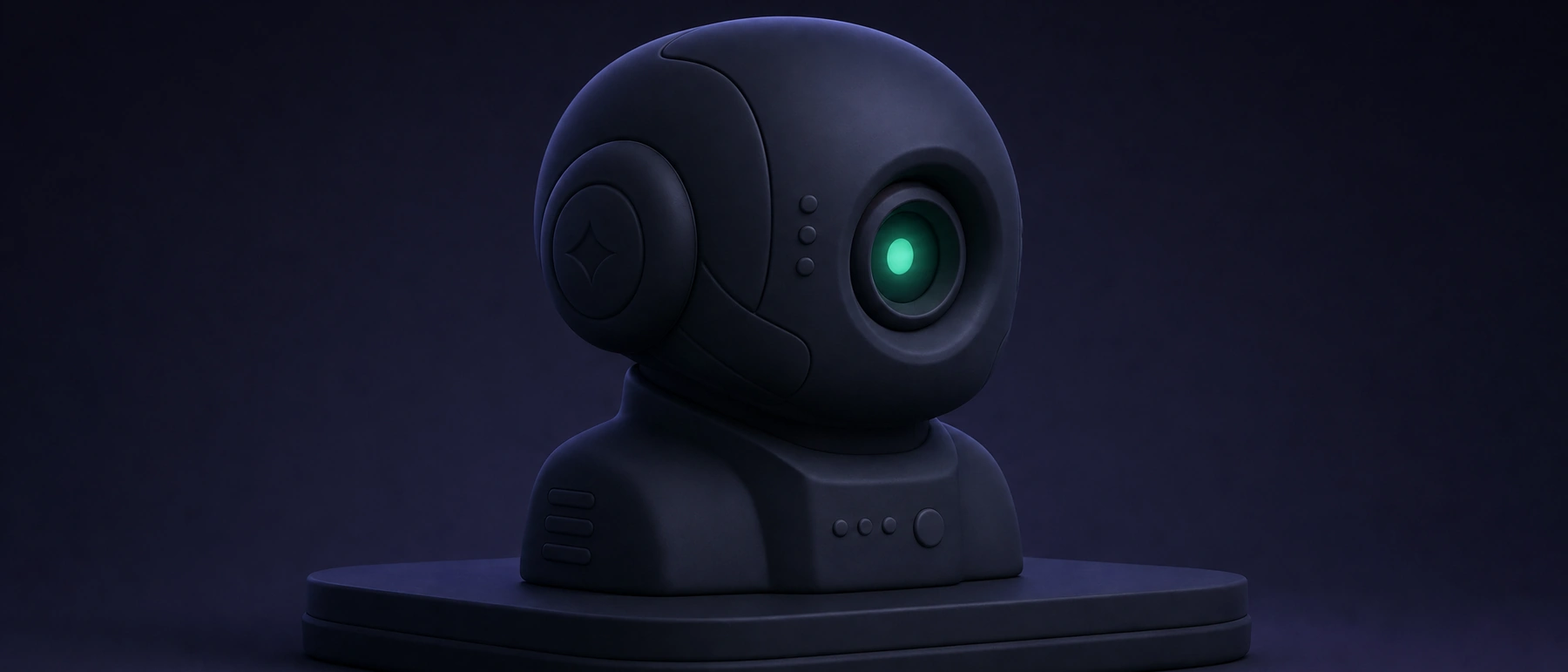 Donkerblauw robothoofd op een lage sokkel, met één groen oplichtend oog.