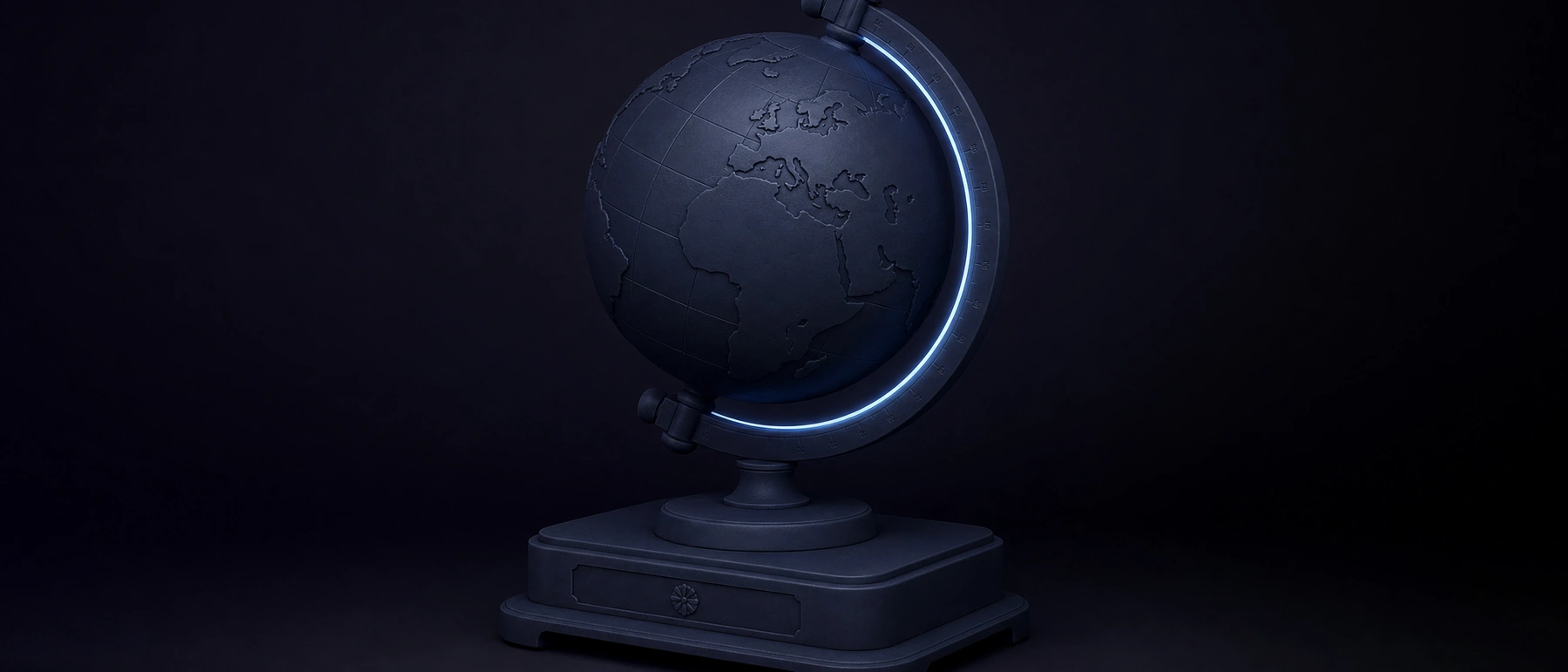 Globo terráqueo antiguo azul oscuro sobre una peana, con un solo meridiano iluminado en azul claro, para estudiar Historia de España