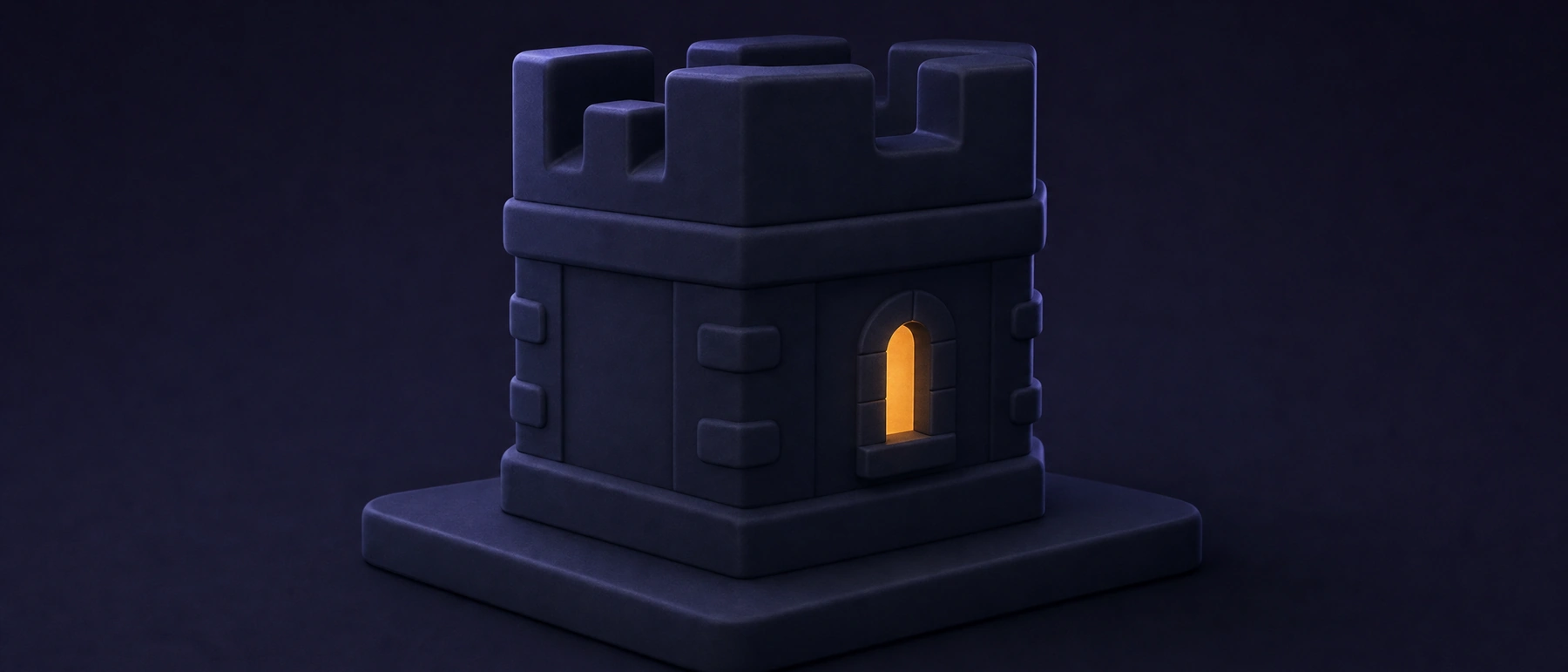 Torre de castillo azul marino sobre un pedestal con una ventana que brilla en ámbar