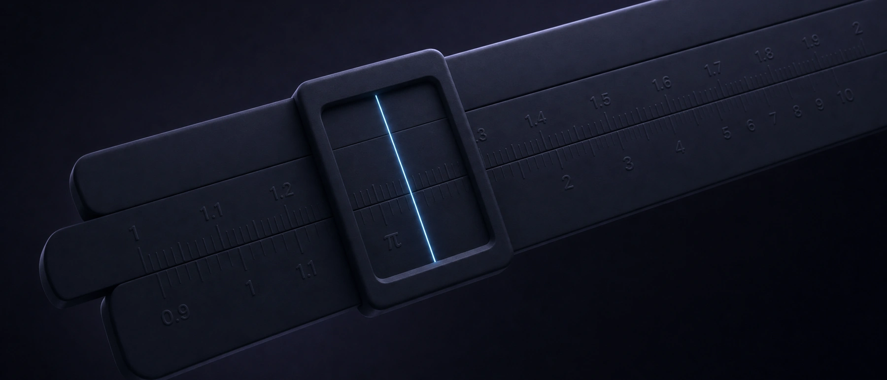 A dark graphite slide rule set on a diagonal, its sliding cursor glowing with one light blue line, for an AP Calculus AB study plan