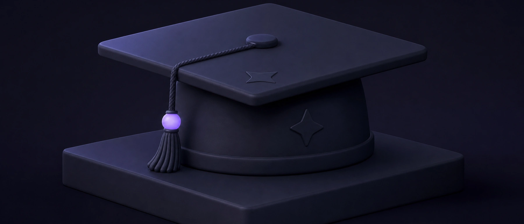 A dark navy graduation cap resting on a low plinth, its tassel bead glowing soft violet