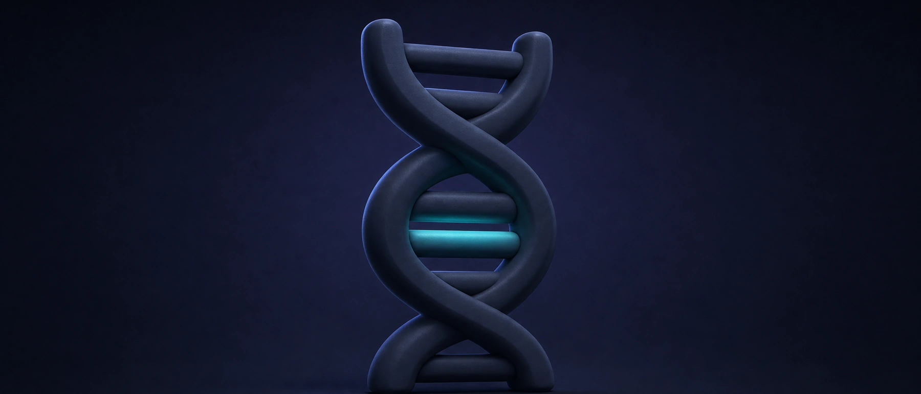Dunkelblaue DNA-Doppelhelix, eine Sprosse in der Mitte leuchtet türkis