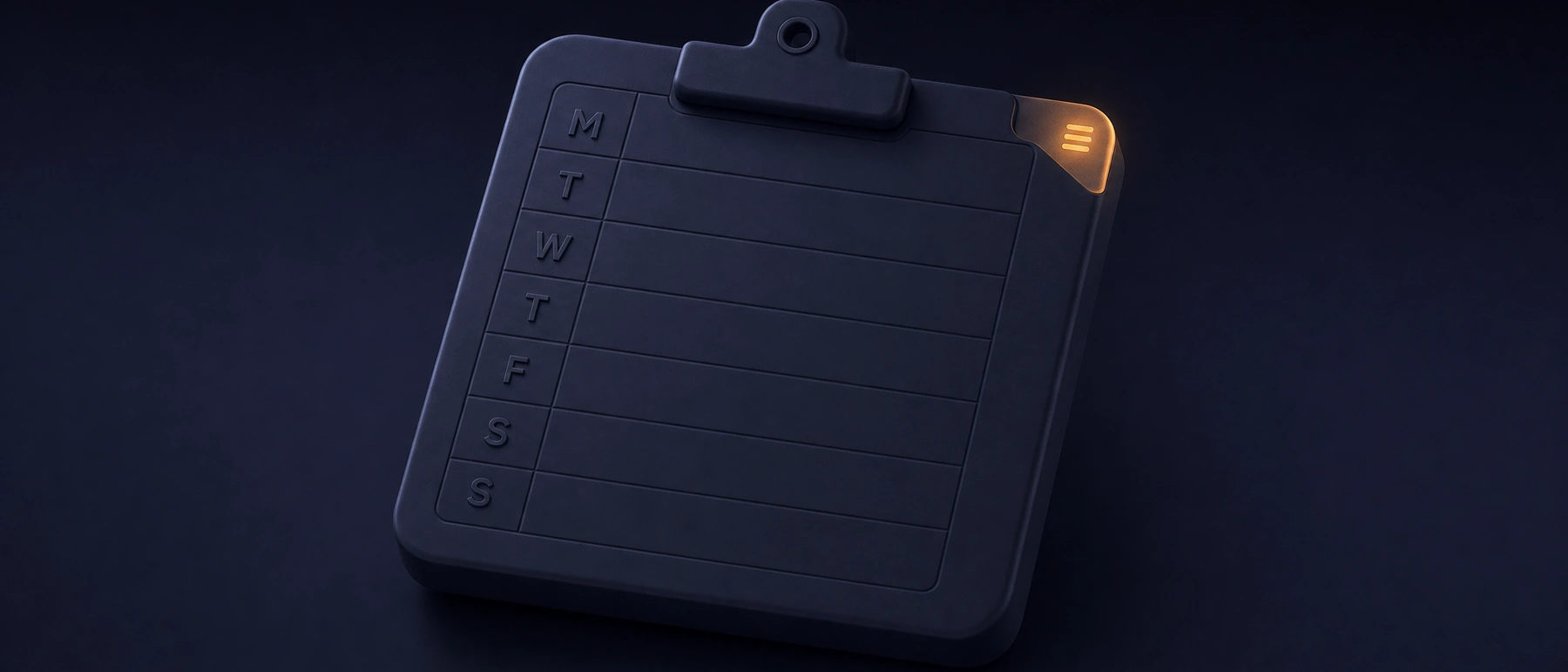 Matte navy clipboard with a raised weekly-plan grid, one corner tab glowing soft amber