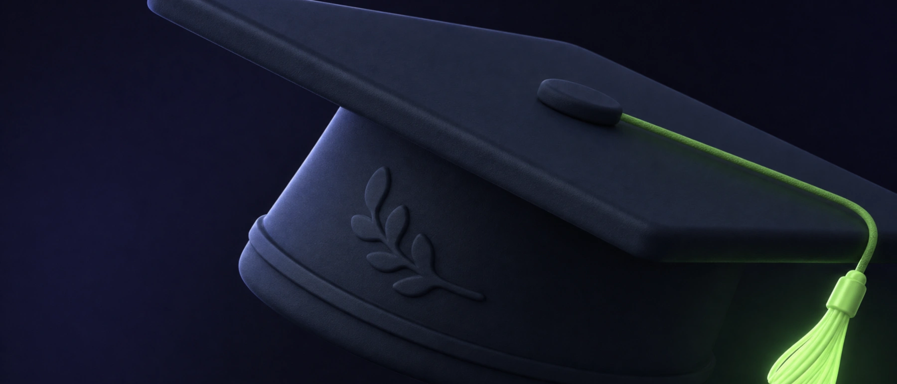 Tocco di laurea blu scuro inclinato, con un ramoscello d'alloro in rilievo e la nappa che si illumina di verde lime.