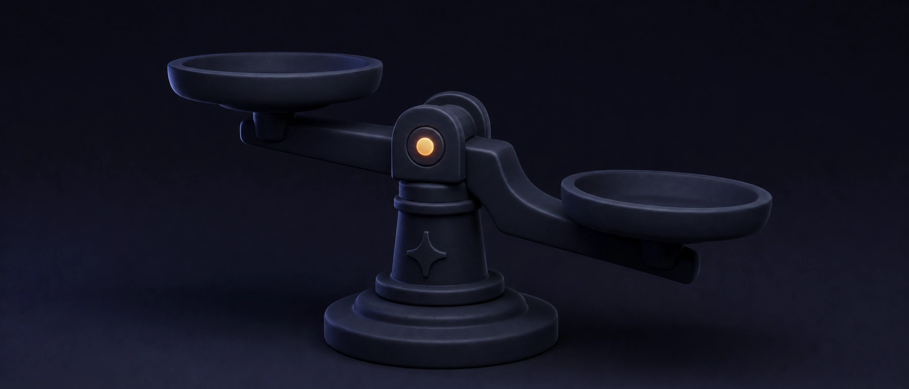 Une balance à deux plateaux bleu nuit, l'un un peu plus bas que l'autre, avec une douce lueur orangée sur le pivot