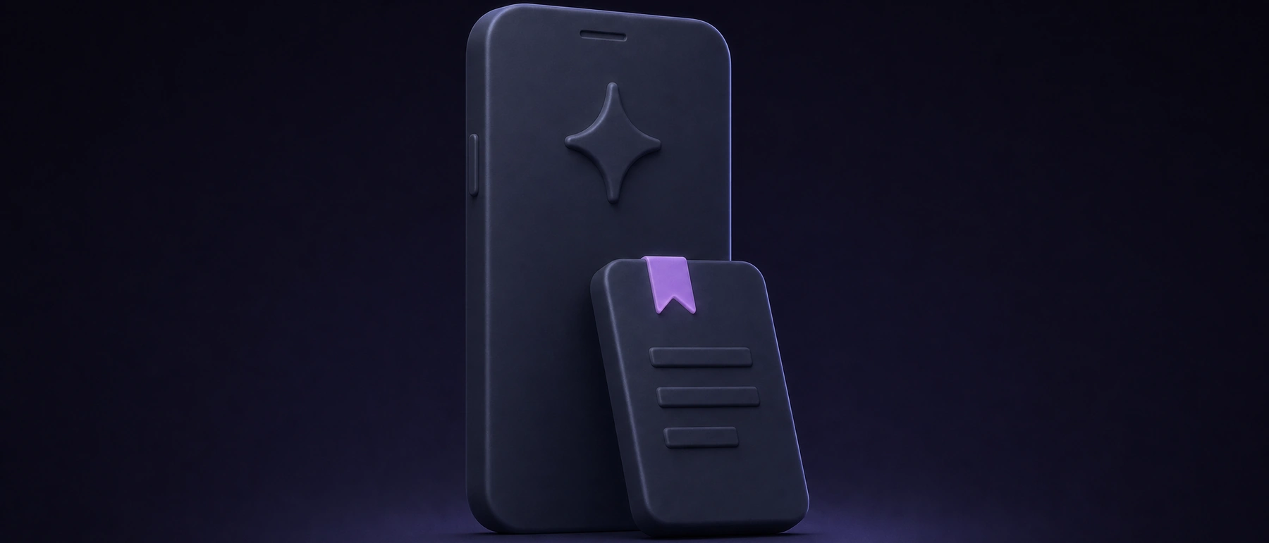 Temnomodri pametni telefon in kartica za učenje, na kateri sveti vijoličen zaznamek.