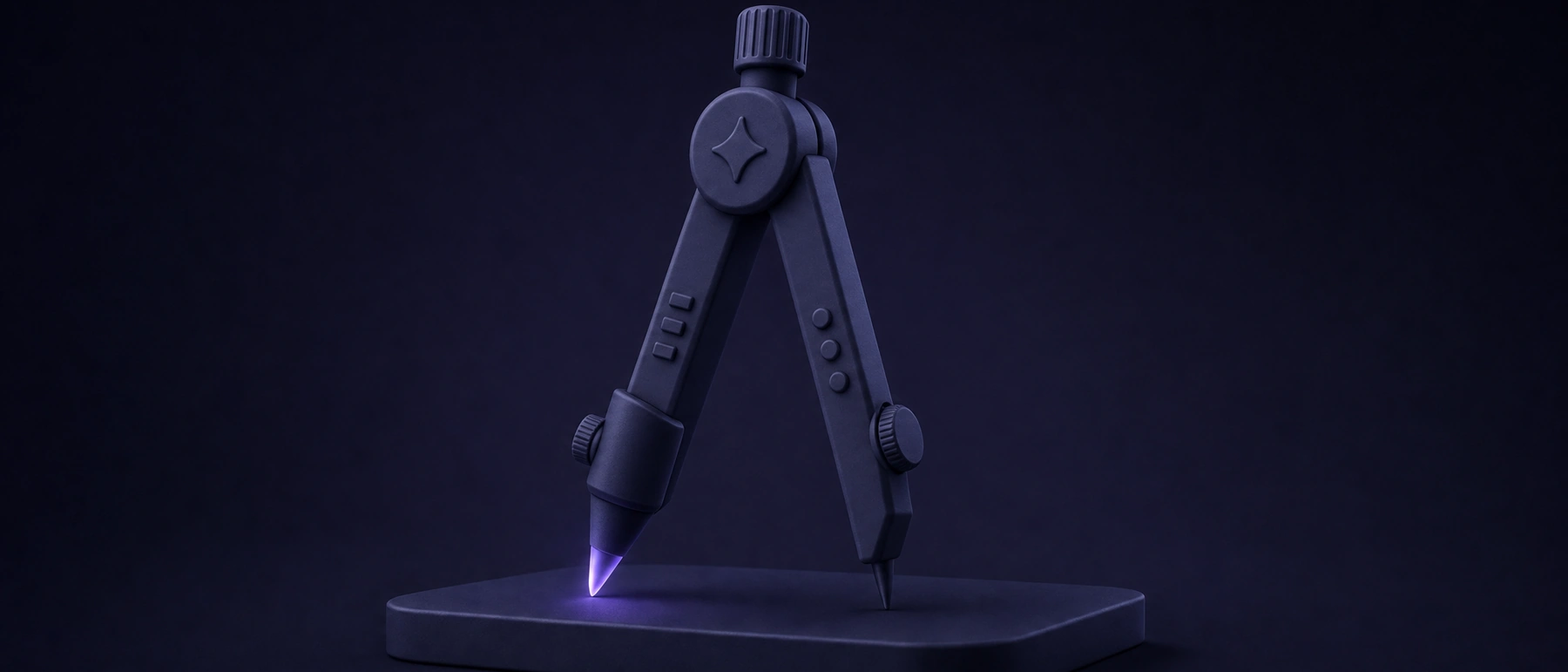 Un compas bleu marine ouvert sur un socle, la pointe du crayon brillant d'une lueur violette