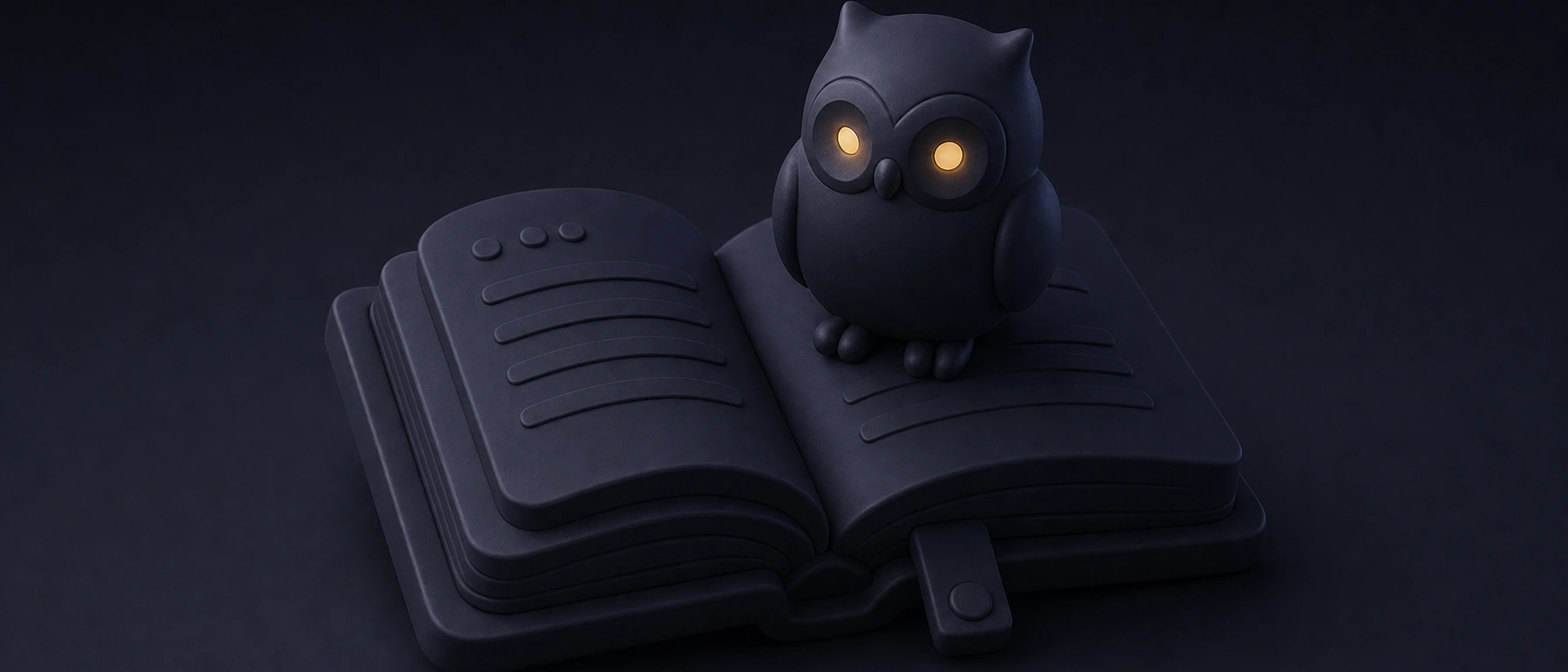 Cahier ouvert bleu nuit avec une petite chouette aux yeux ambrés lumineux posée sur les pages, pour le bac de philo