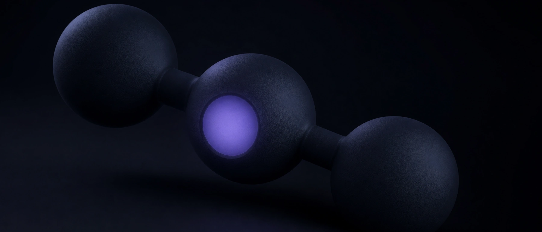 Modelo molecular azul marino de tres esferas en diagonal, la central brilla en violeta