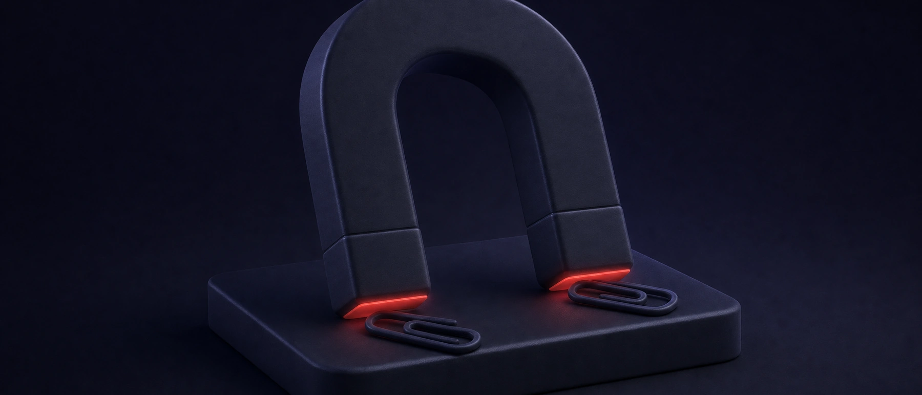 Un imán de herradura azul marino con dos clips, con los polos iluminados por una suave luz roja