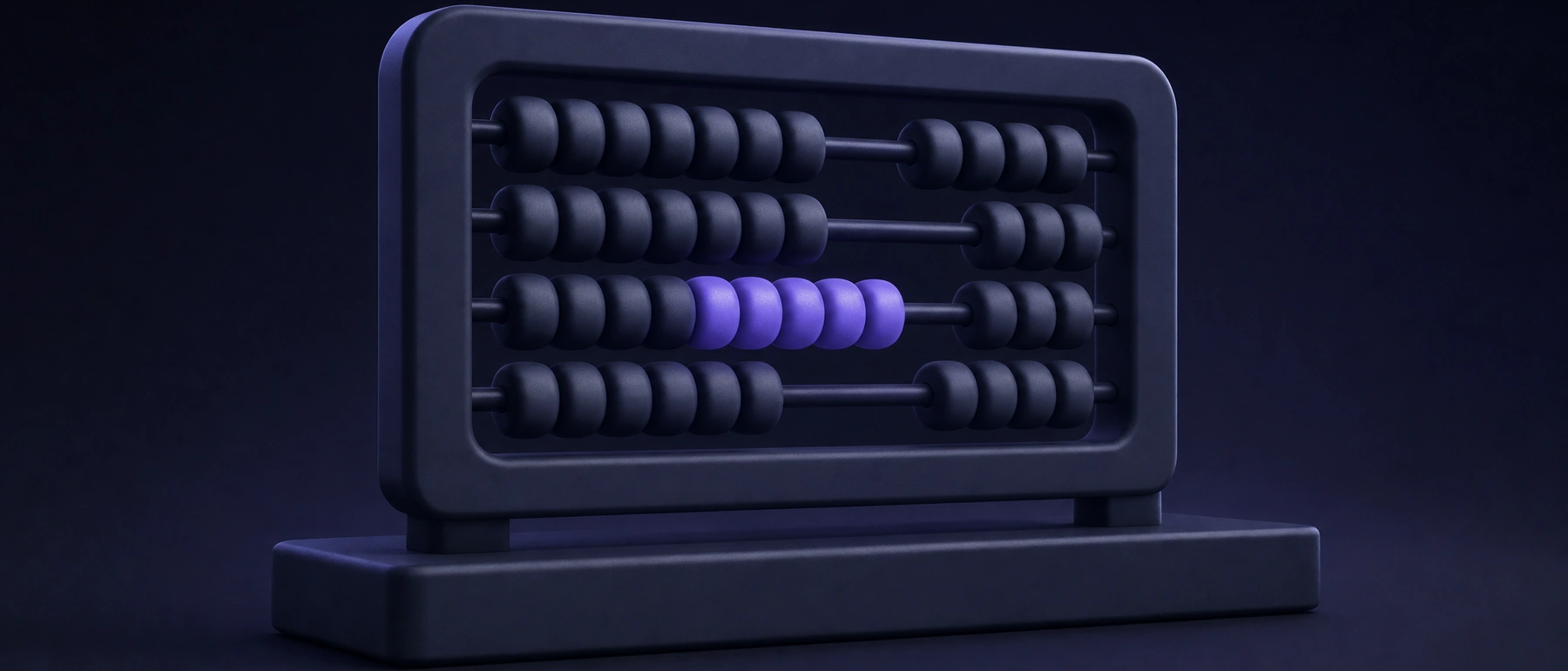 Boulier bleu marine sur un socle bas, avec une rangée de perles qui brille d'un violet doux