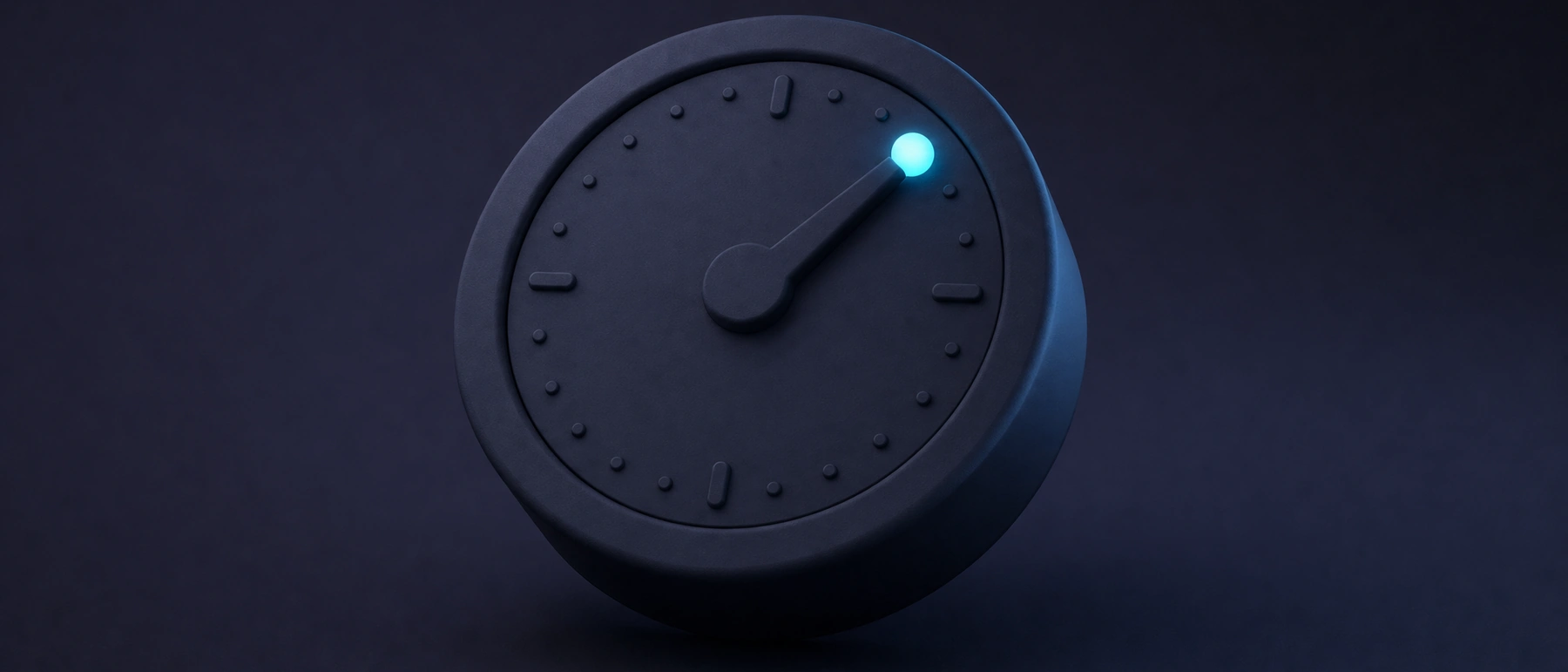 A round navy dial with a single pointer arm, its tip glowing soft cyan