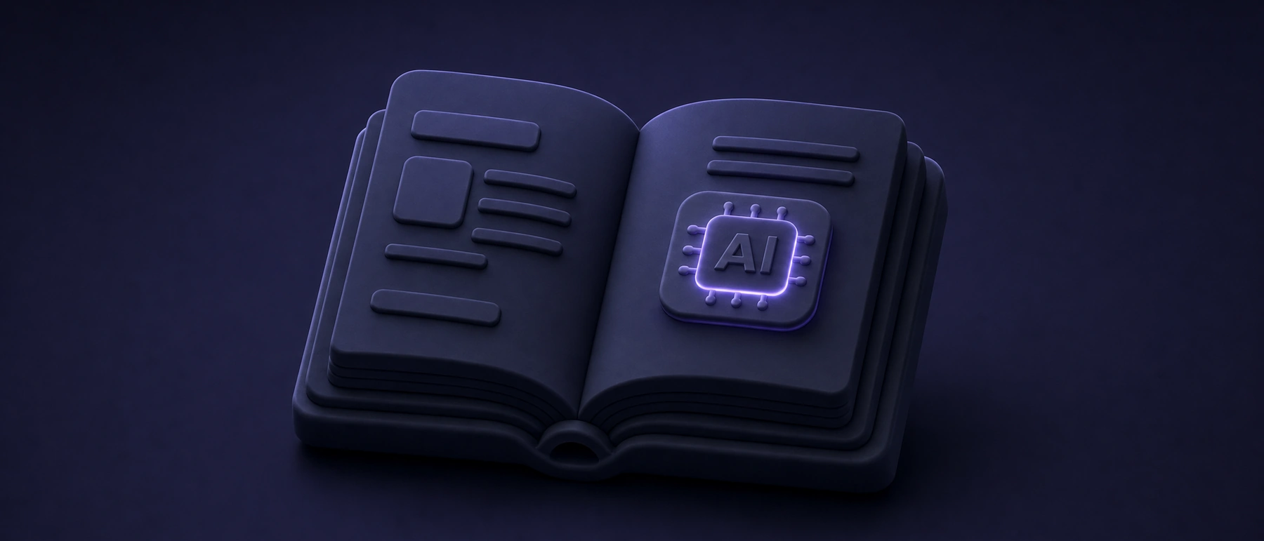Matte navy open tutor book with a small rounded AI chip glowing soft violet